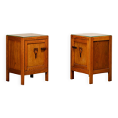 Art Deco Amsterdam School Nightstands pair in oak and glass, 1930s Netherla