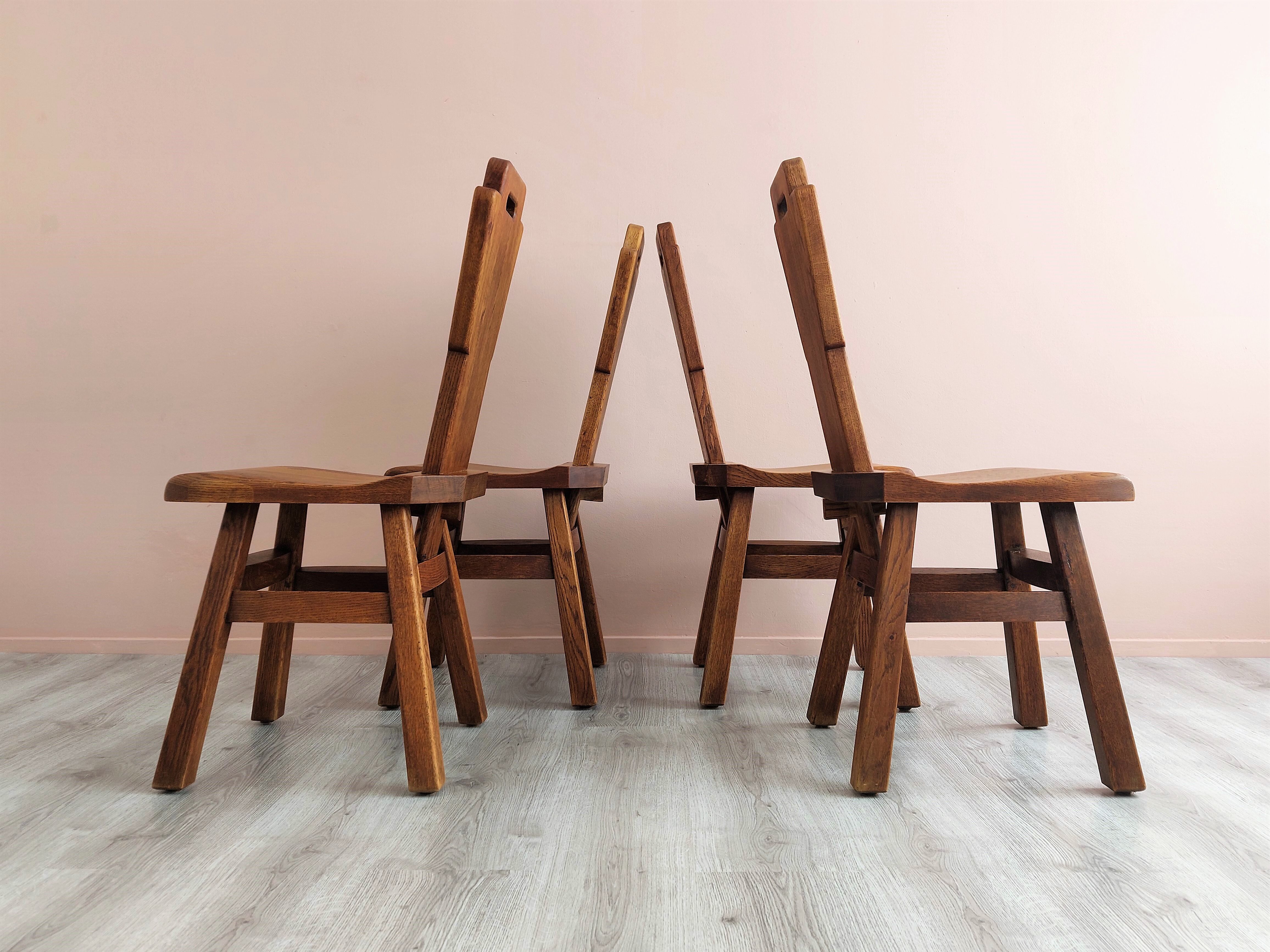 Set of 4 Belgian Brutalist Oak Dining Chairs.