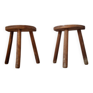 Paire de tabourets en bois tripodes - look brutaliste