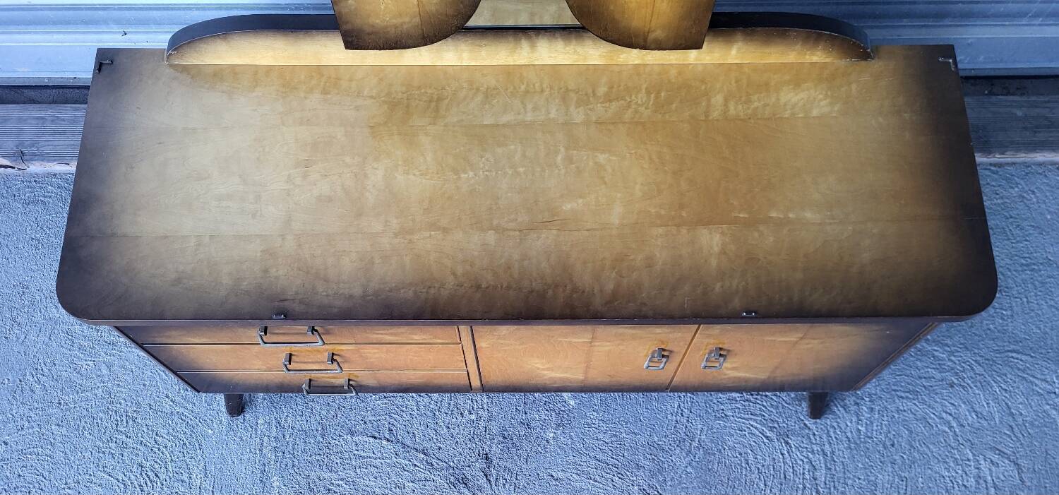 Vintage Scandinavian style dressing table, chest of drawers, triptych mirror and bedside table