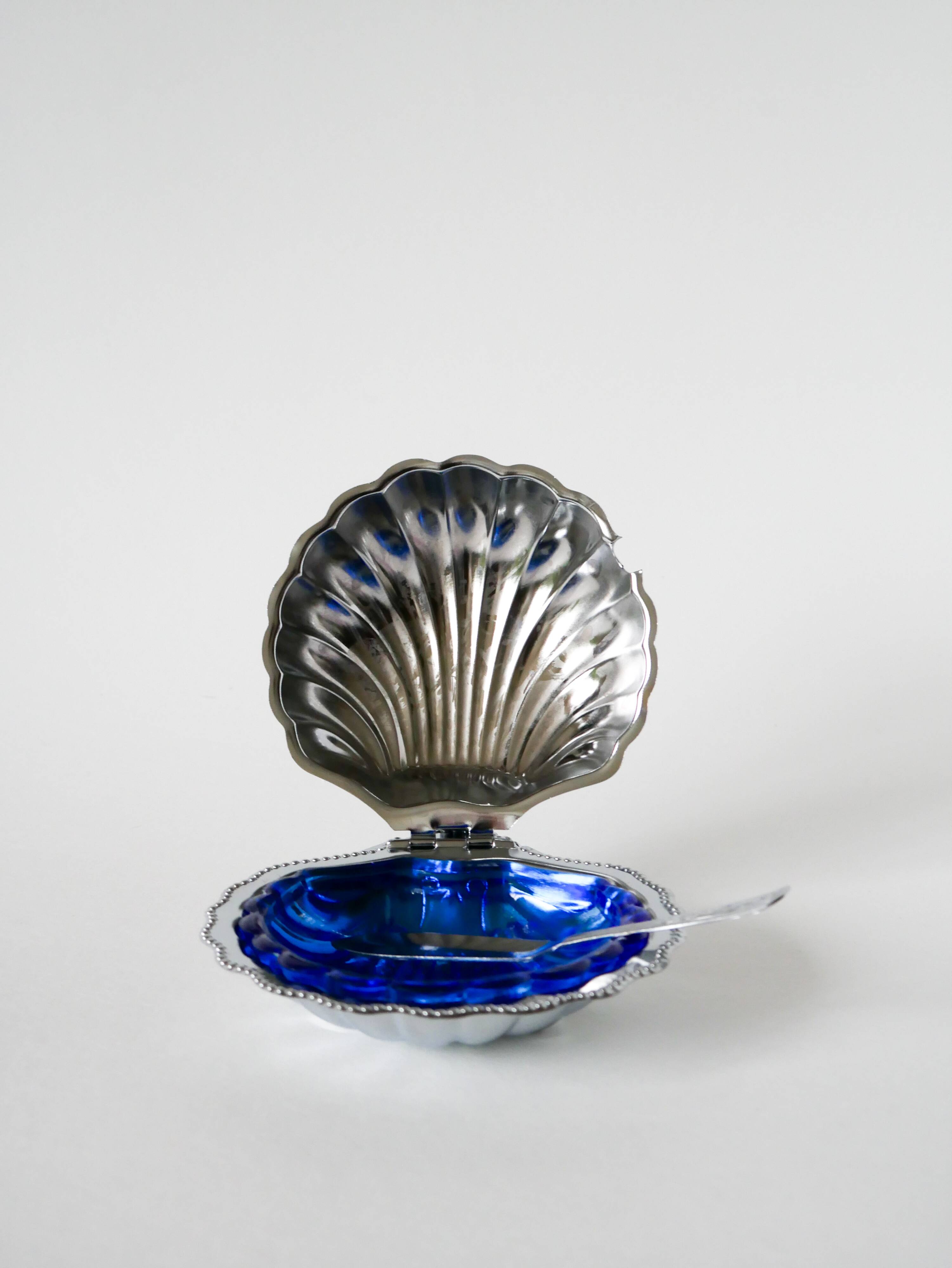 Shell butter dish in stainless steel and blue glass, with butter dish, 1970