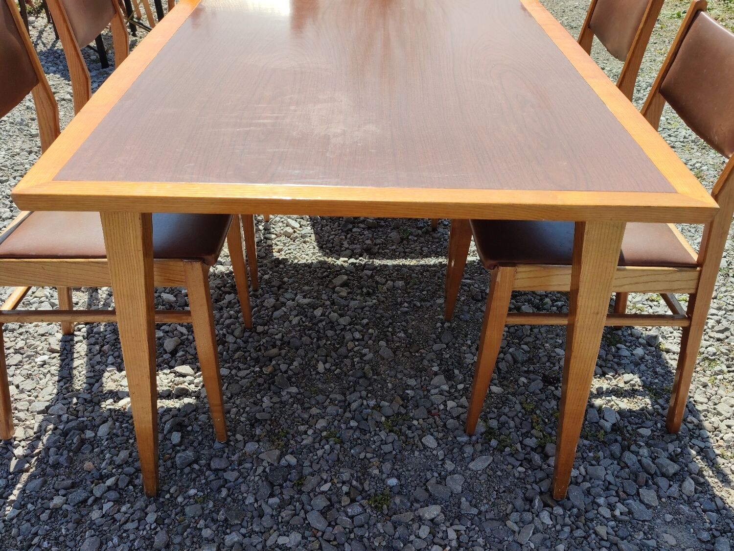 Formica teak table + 10 vintage Scandinavian style chairs