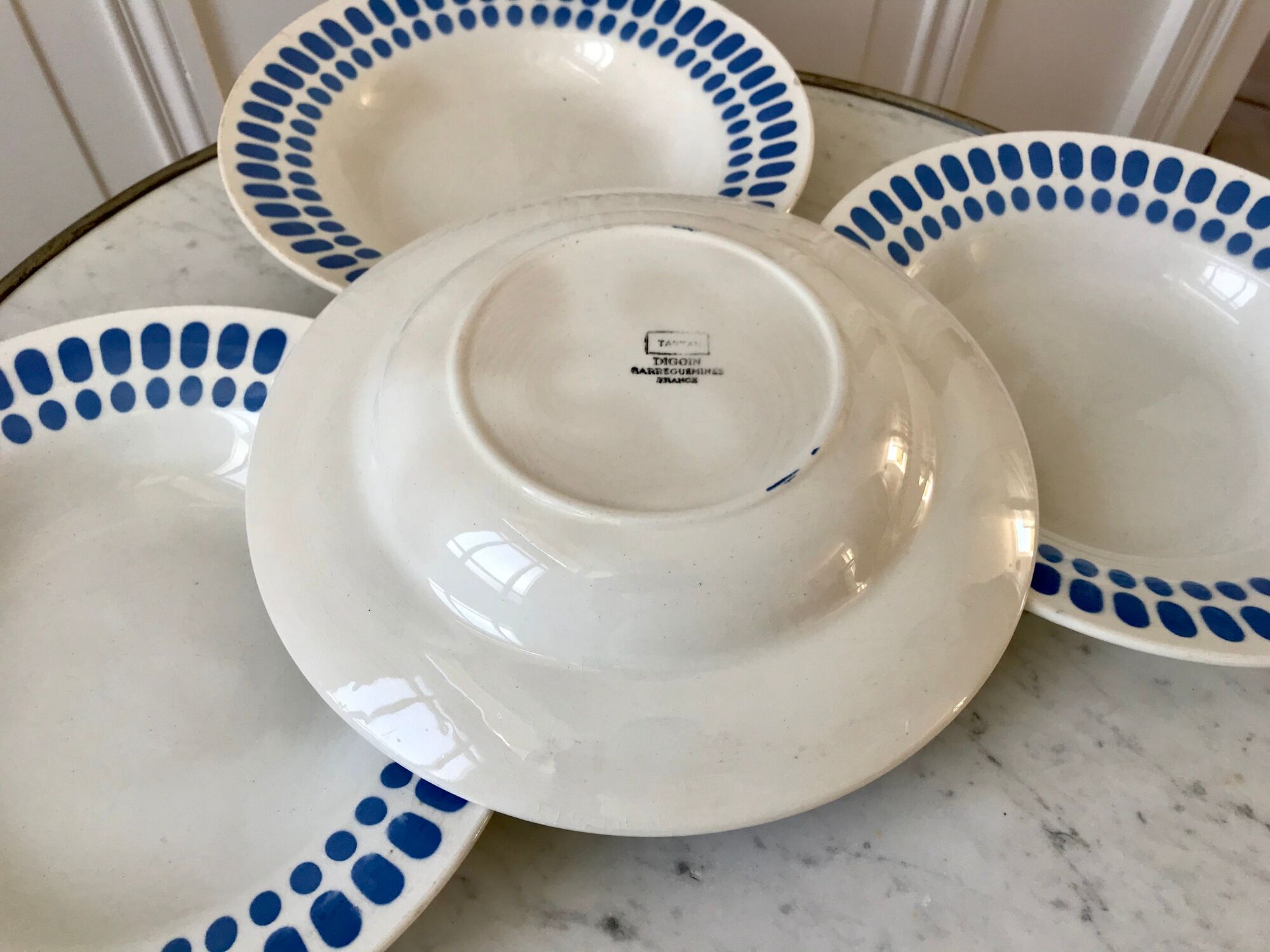 Set of 4 hollow plates Digoin Sarreguemines blue model "Tartan" 40s