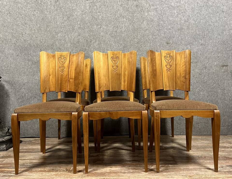 Set of 6 Art Deco period walnut chairs with fan backs, circa 1930