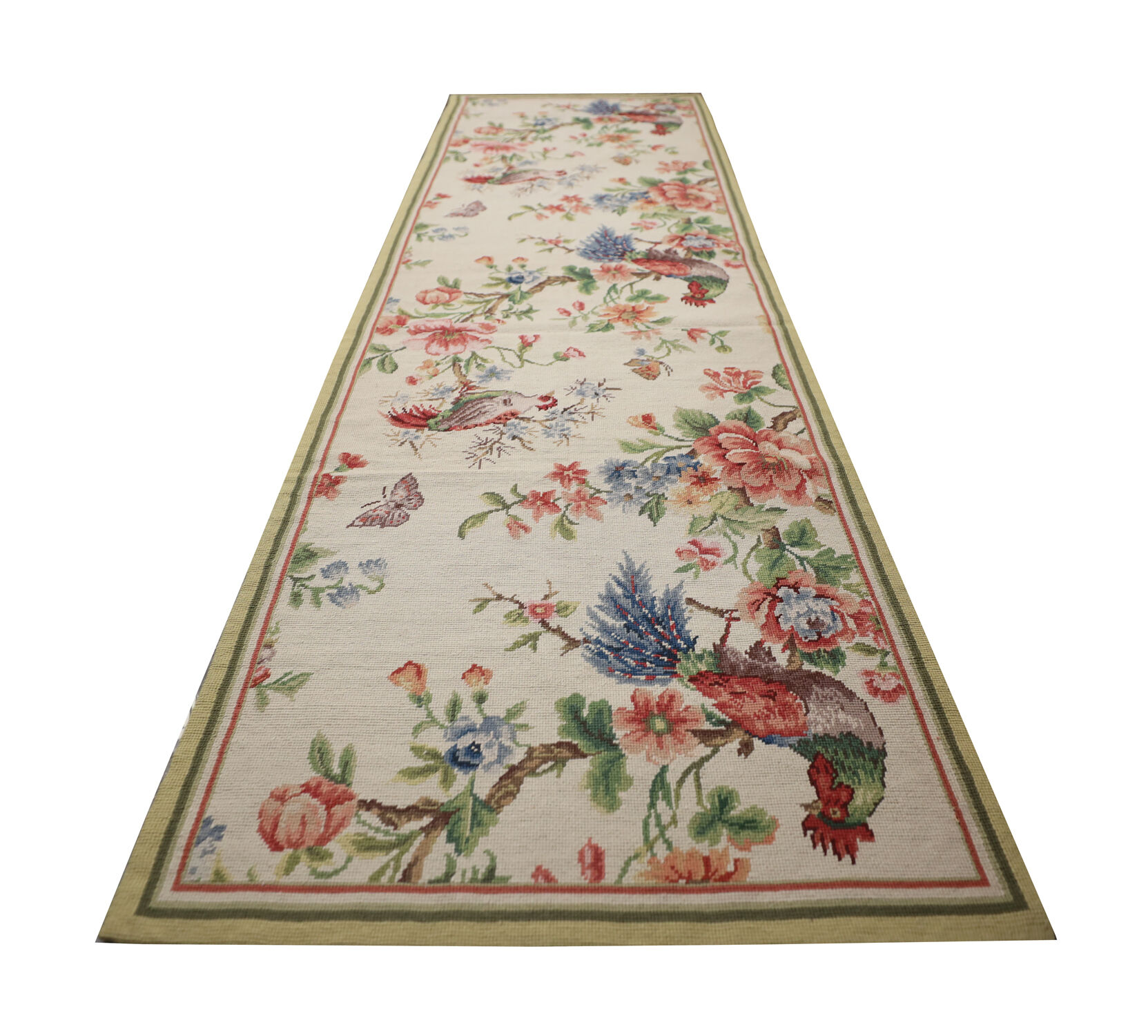 Traditional English Style Chinese Needlepoint Rug Handwoven Cream Green Wool Rug-76x243cm