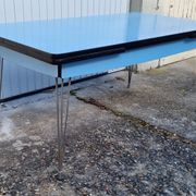 Large blue formica table, SIF brand, vintage, eiffel legs, and its 6 chairs, 50s