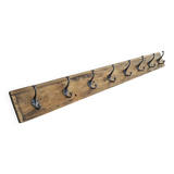 Teak coat rack with 8 double cast iron hooks