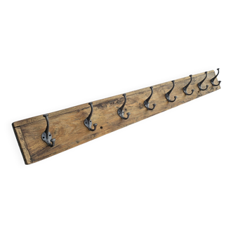 Teak coat rack with 8 double cast iron hooks