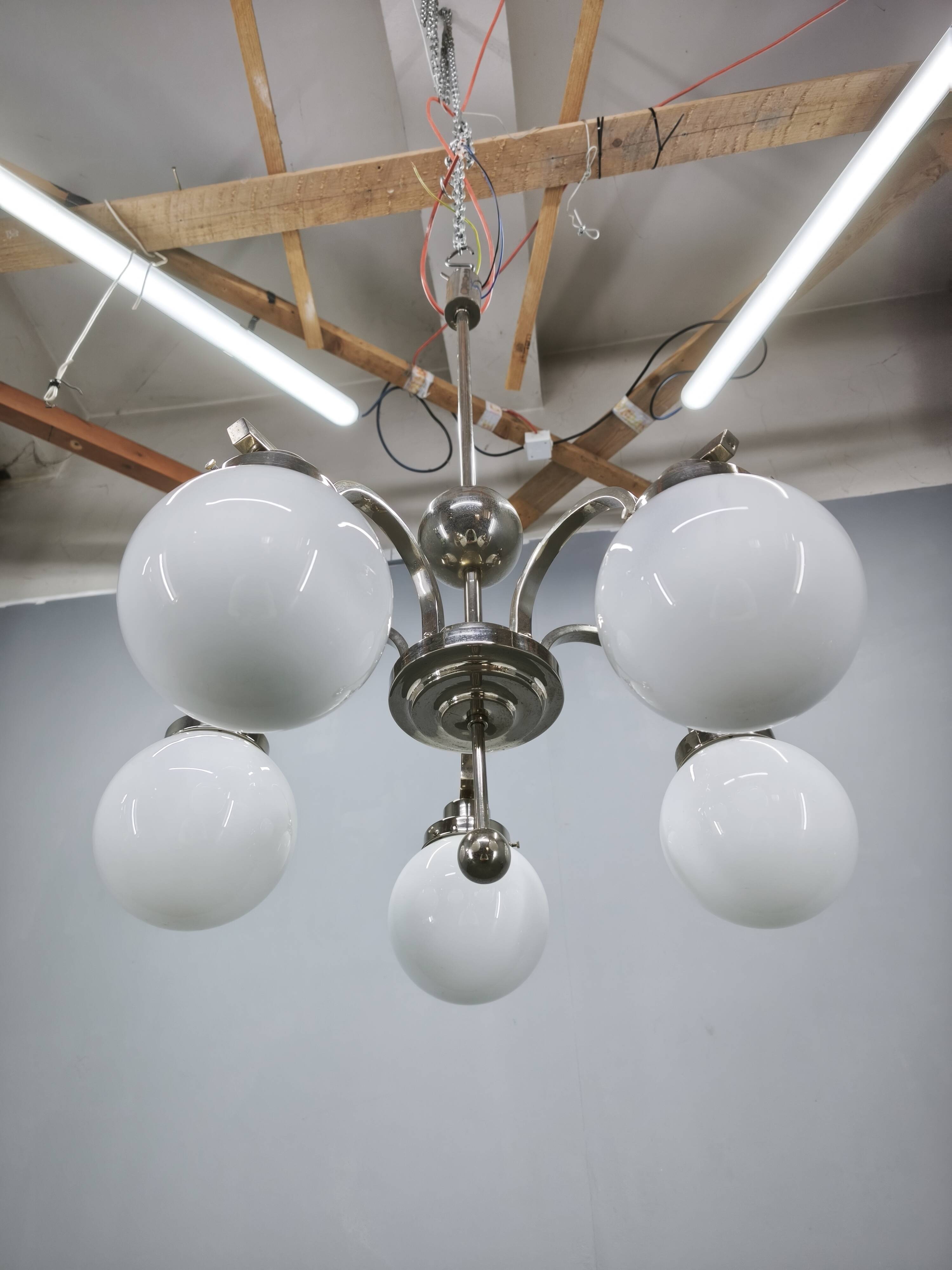 Art Deco Five-Light Chrome Chandelier, Czechoslovakia, 1930s