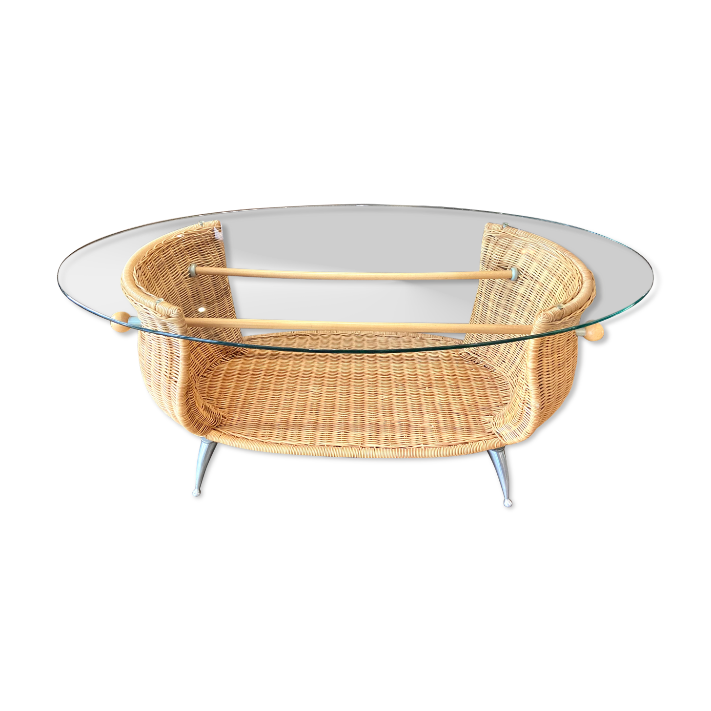 Rattan coffee table, glass top, metal legs, France, 1980