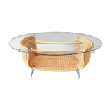 Rattan coffee table, glass top, metal legs, France, 1980