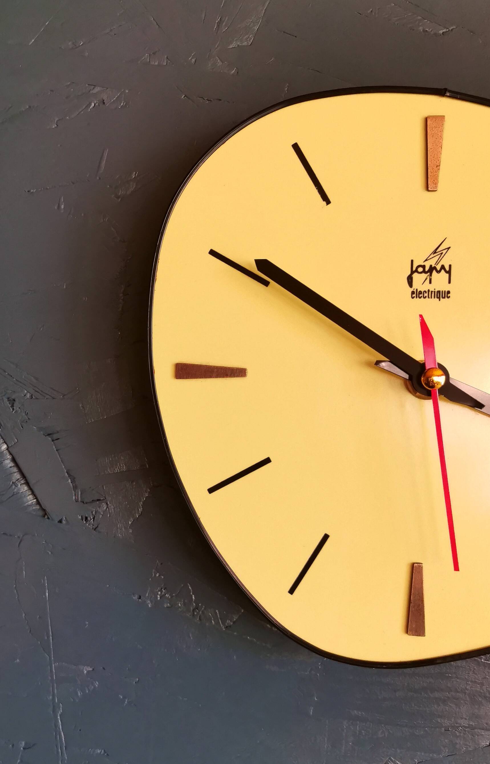 Vintage Formica clock silent asymmetrical wall pendulum "Yellow Japy"