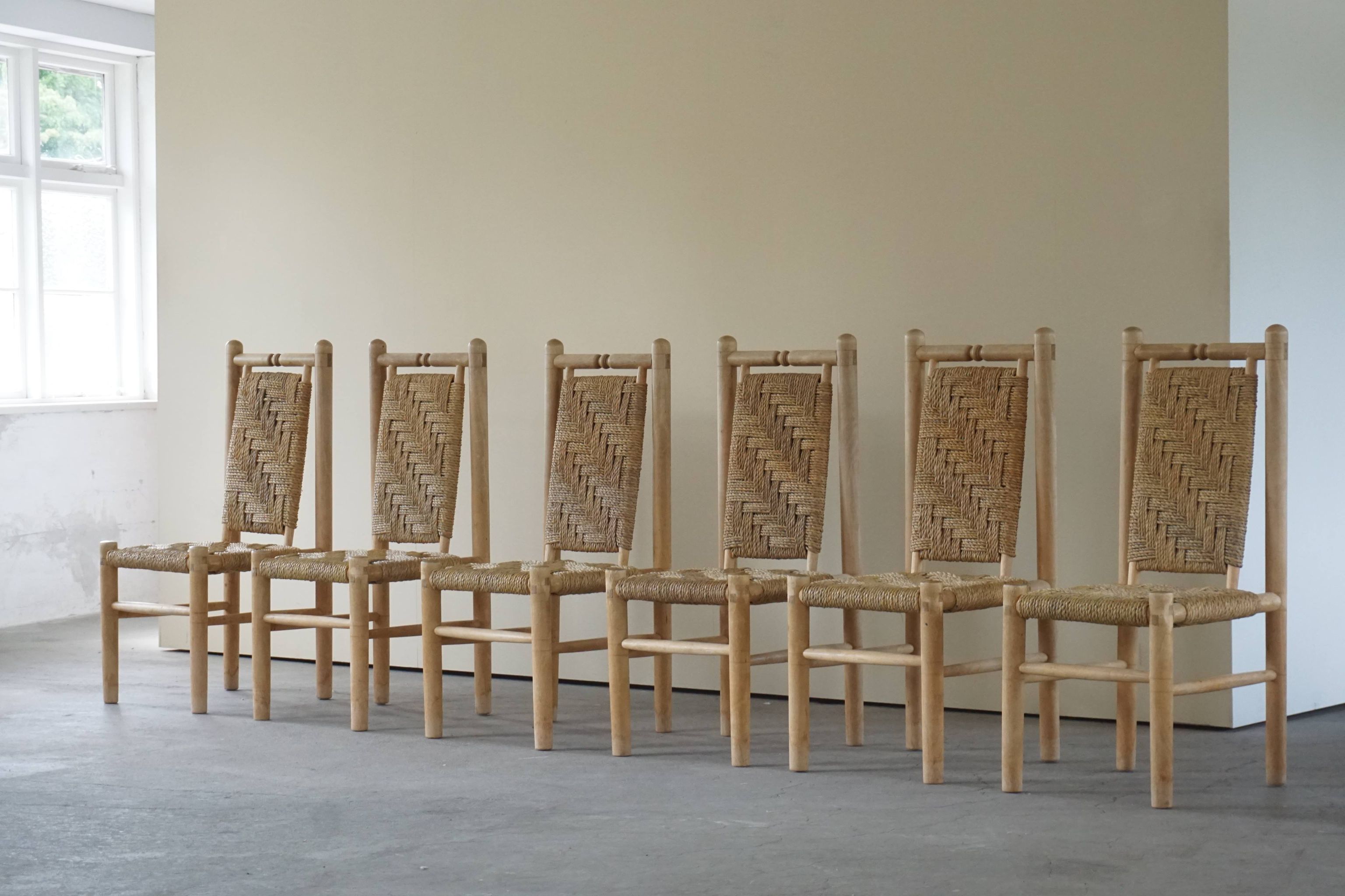 Set of 6 French Mid Century Naturalist Woven Highback Chairs in Solid Elm, 1960s