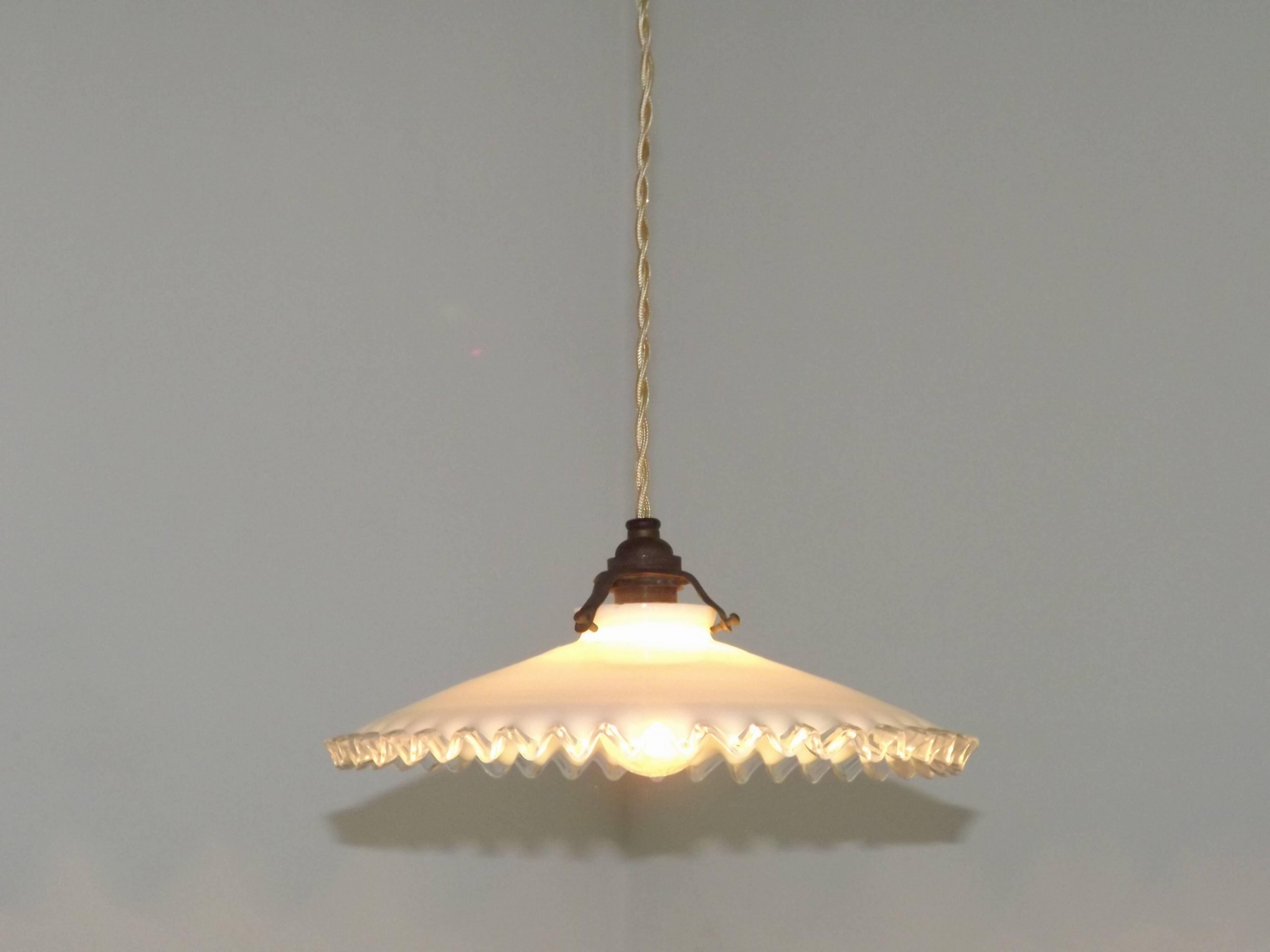 Vintage French Art Deco White Opaline Glass Pendant Light with Frilled Edge 5563