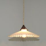 Vintage French Art Deco White Opaline Glass Pendant Light with Frilled Edge 5563