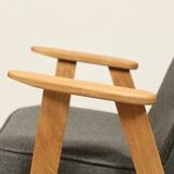 Fauteuil du milieu du siècle, revêtement en laine grise, bois de chêne, chaise longue de Style Vintage après rénovation