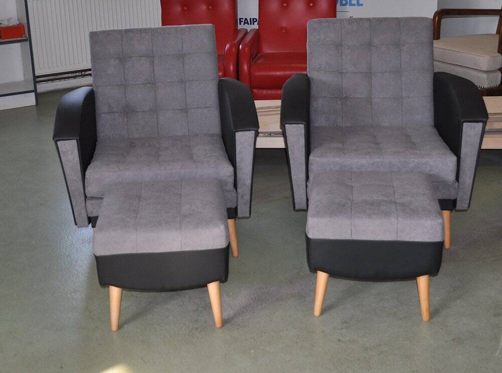 Vintage 1960 set of 4 armchairs and ottomans in grey fabric and black faux leather.