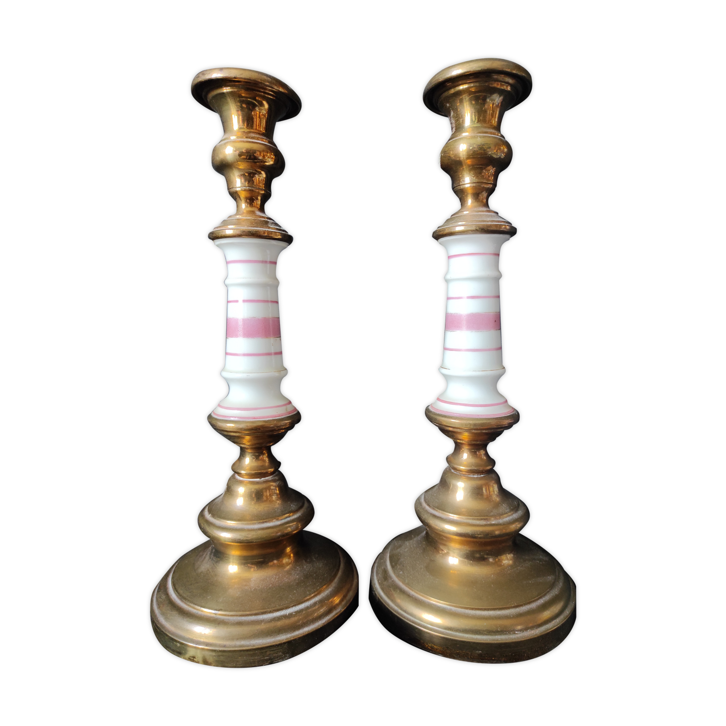 xix eme / pair brass porcelain candle holders
