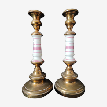 xix eme / pair brass porcelain candle holders