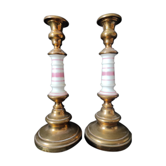 xix eme / pair brass porcelain candle holders