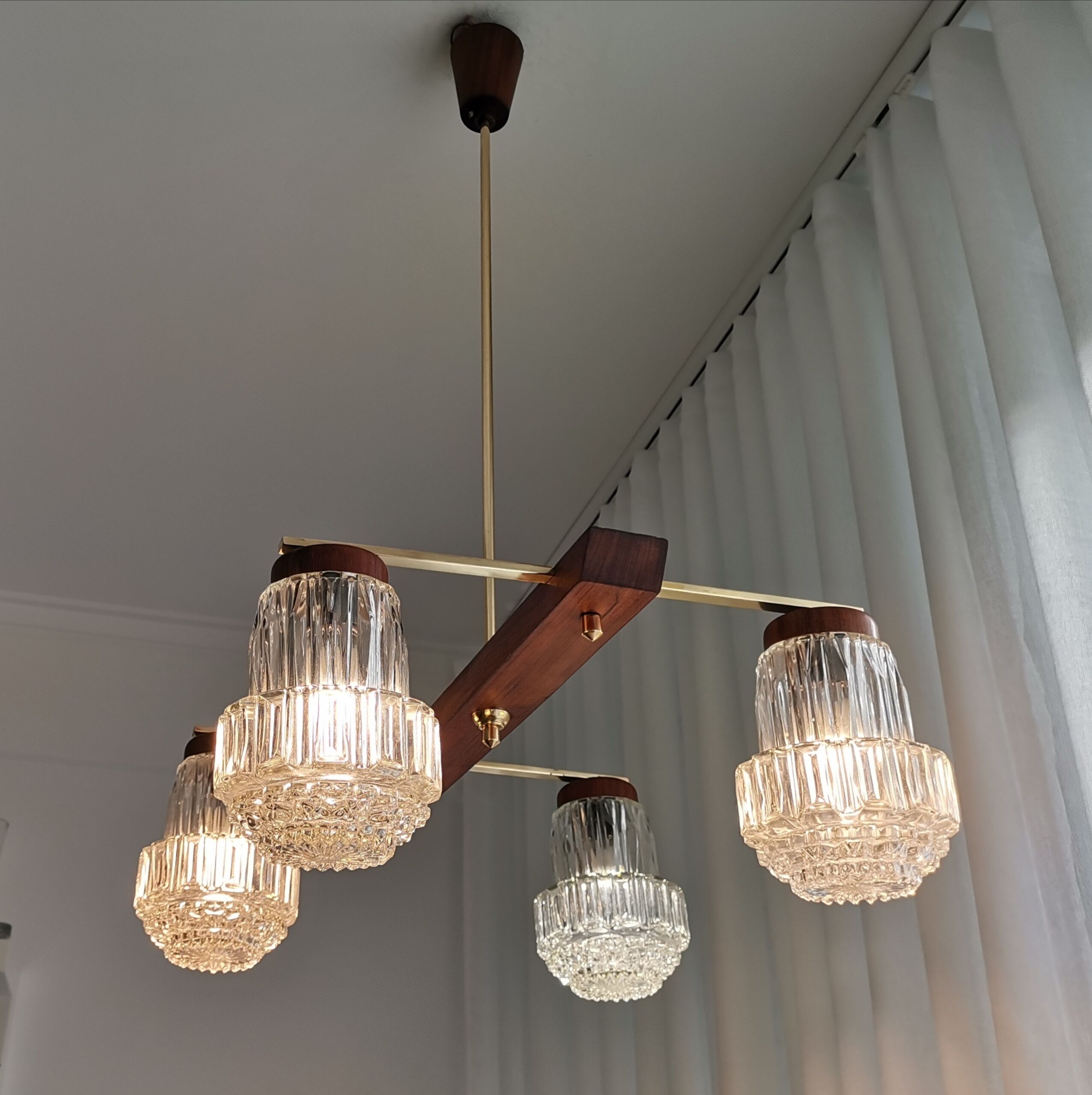 Vintage 60s rustic 4-light  wooden chandelier