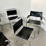 Set of 6 design chairs Matteo Grassi tubular metal and black leather year 70/80 Bauhaus style
