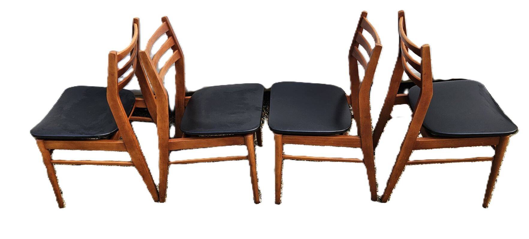 4 Scandinavian Design Chairs in Teak with Black Skai Upholstery 1960