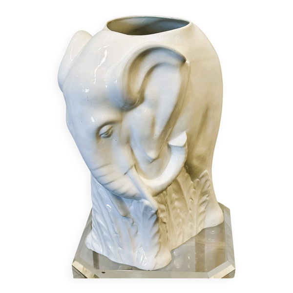 Porte-parapluie - Jardinière éléphant en céramique blanche vintage, France années 1970.