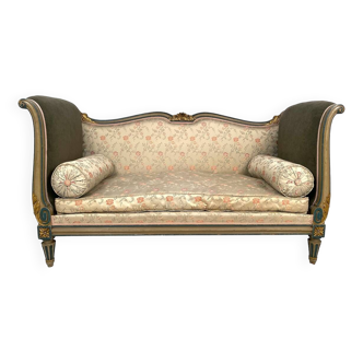 Louis XVI style sofa with side panels, grey/green lacquered wood with blue and gold highlights. Late 19th or early 20th century