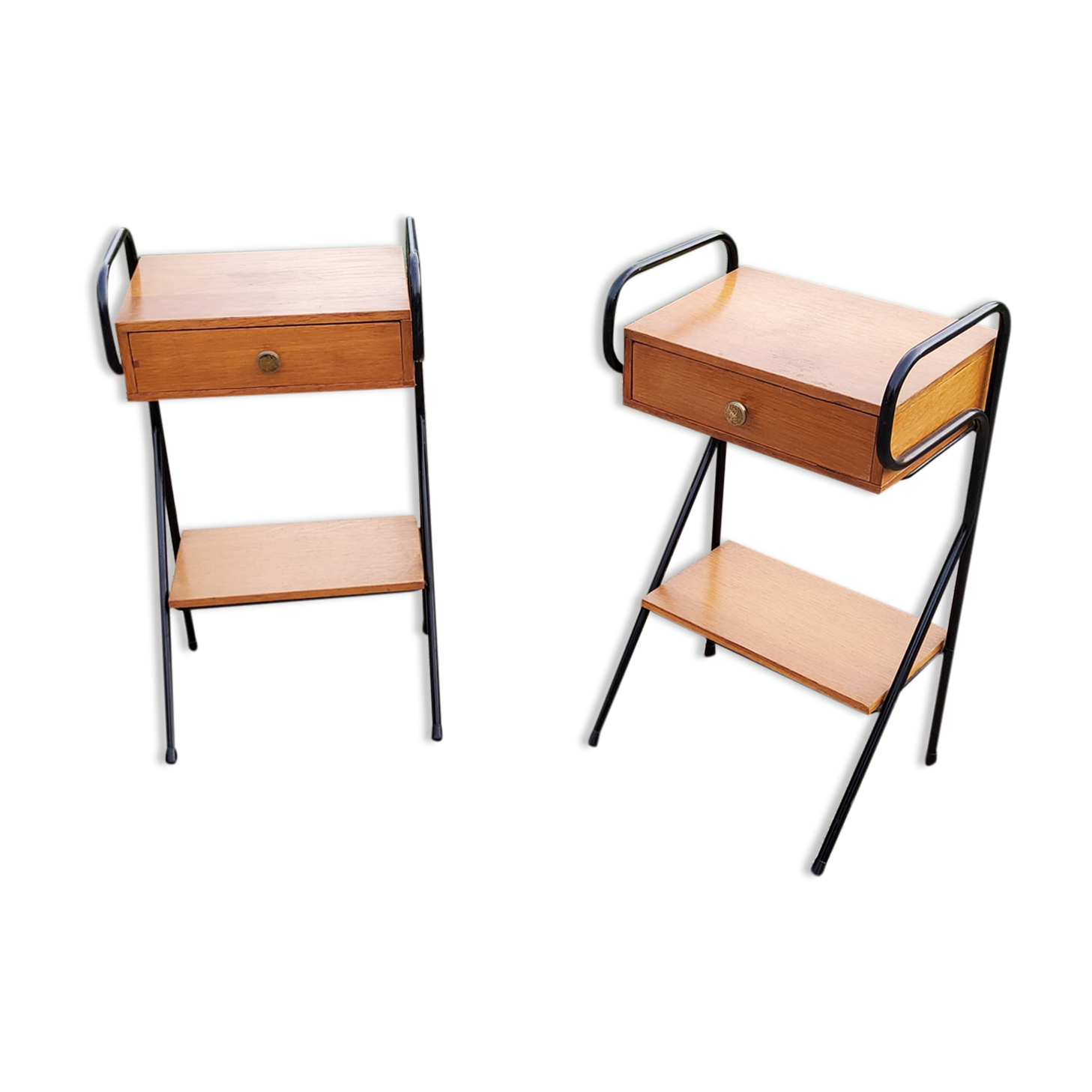 Pair of bedside tables from the 60s in gilded oak and tubes stamped Descher