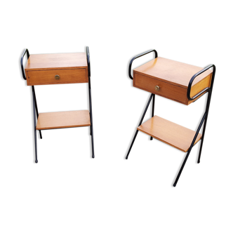 Pair of bedside tables from the 60s in gilded oak and tubes stamped Descher