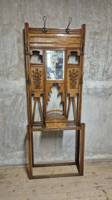 Vintage carved oak hall tree with mirror and coat hooks, early 20th century, 192 × 72 × 24 cm
