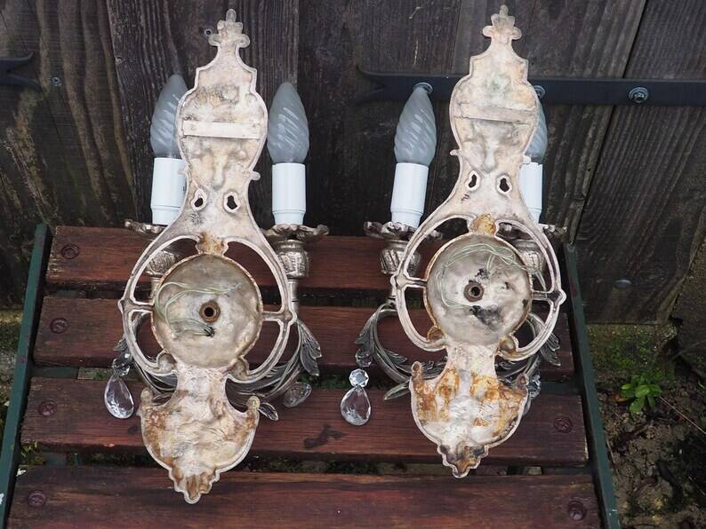 Italian Hollywood Regency Crystal Wall Lights – Silvered Metal Double Arm Light