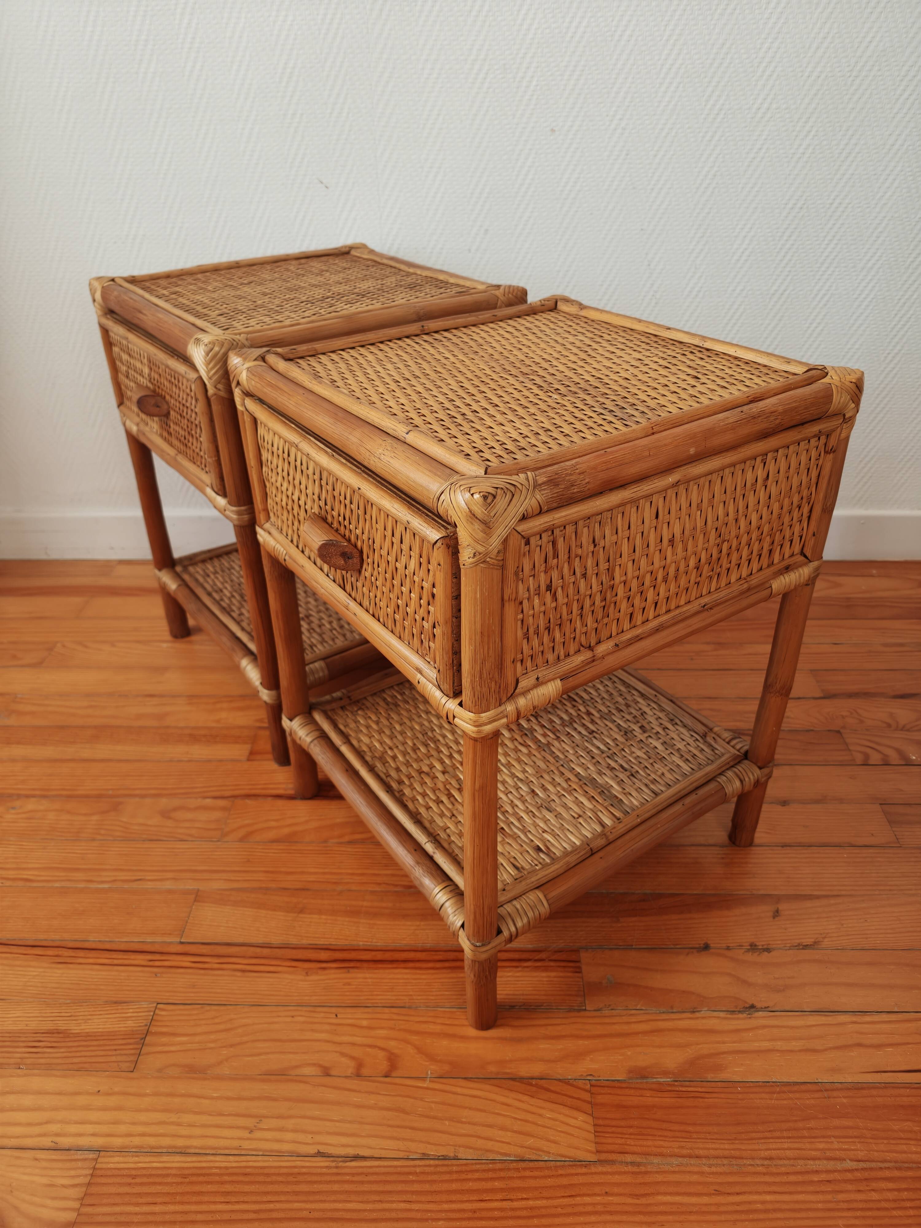 Pair of bedside tables in rattan and wicker - circa 1970