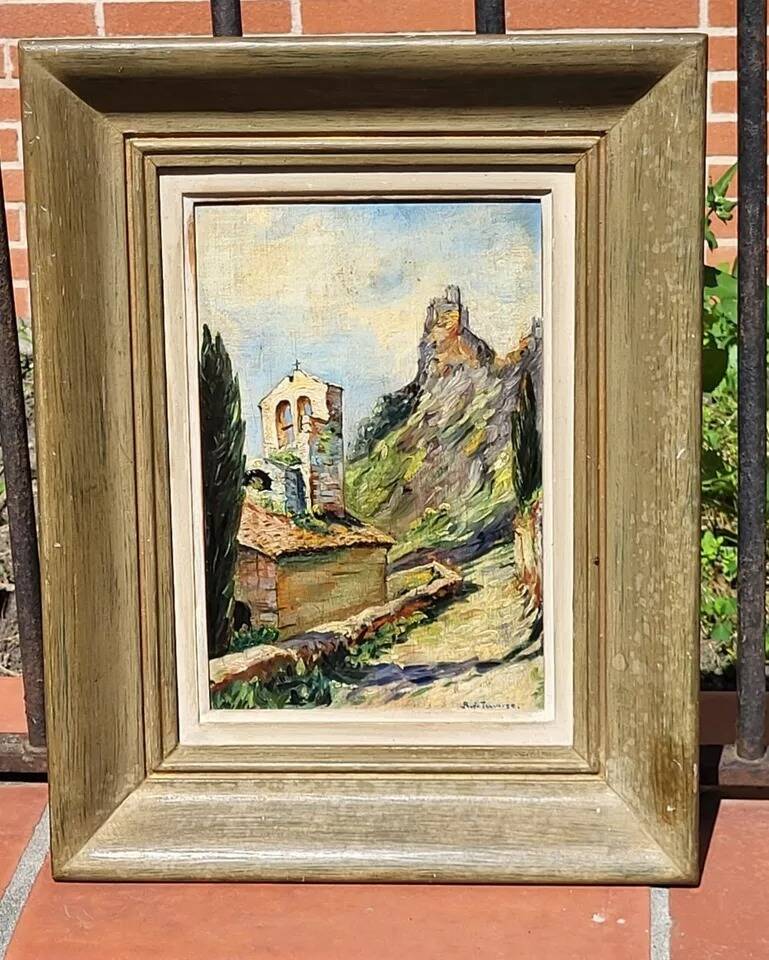 Antique 19th Century Landscape Church Steeple Oil Painting