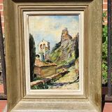 Peinture à l'huile antique représentant un clocher d'église en paysage du XIXe siècle
