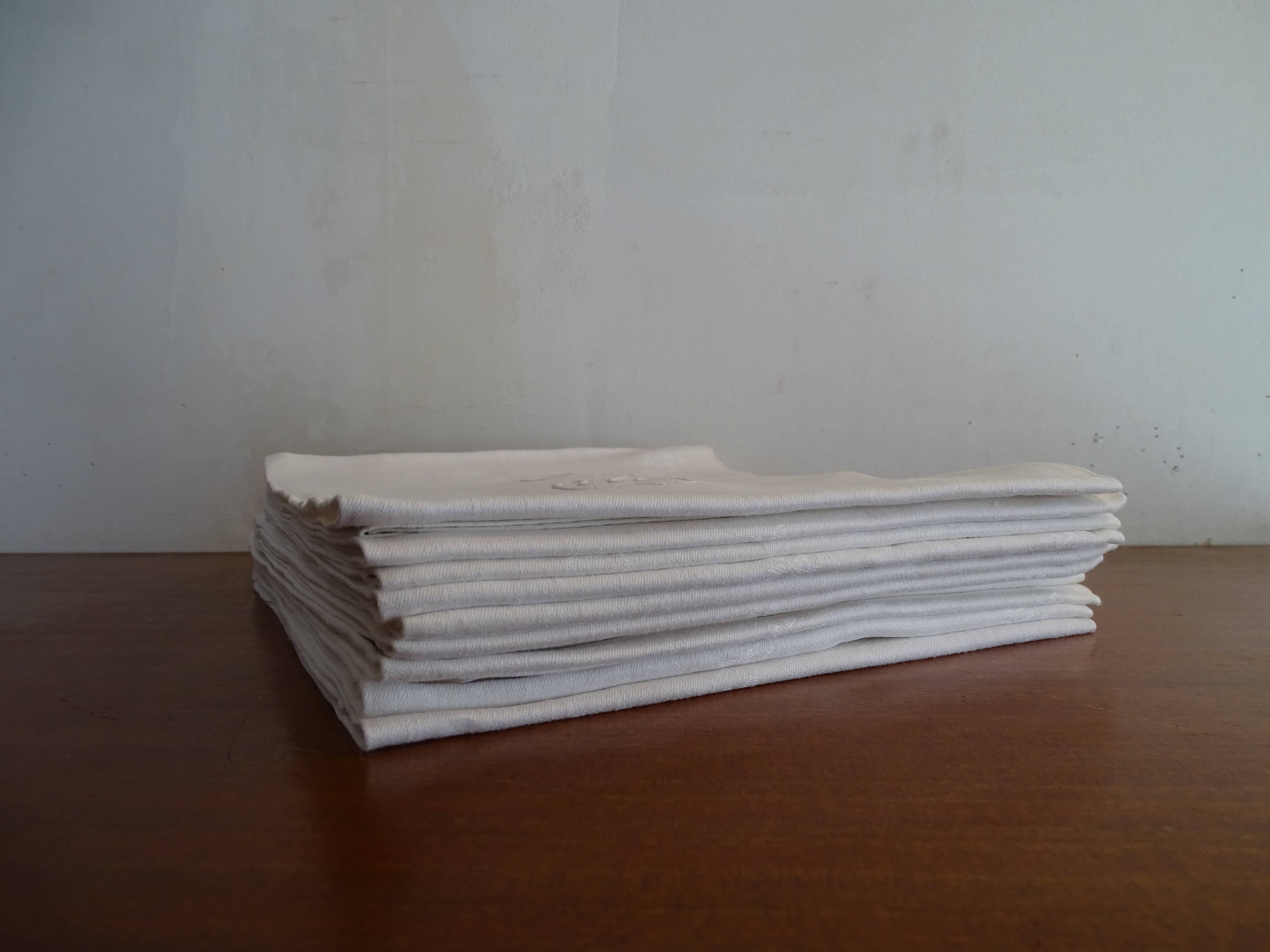 Lot de 10 serviettes de table brodées coton damassé monogramme J.G