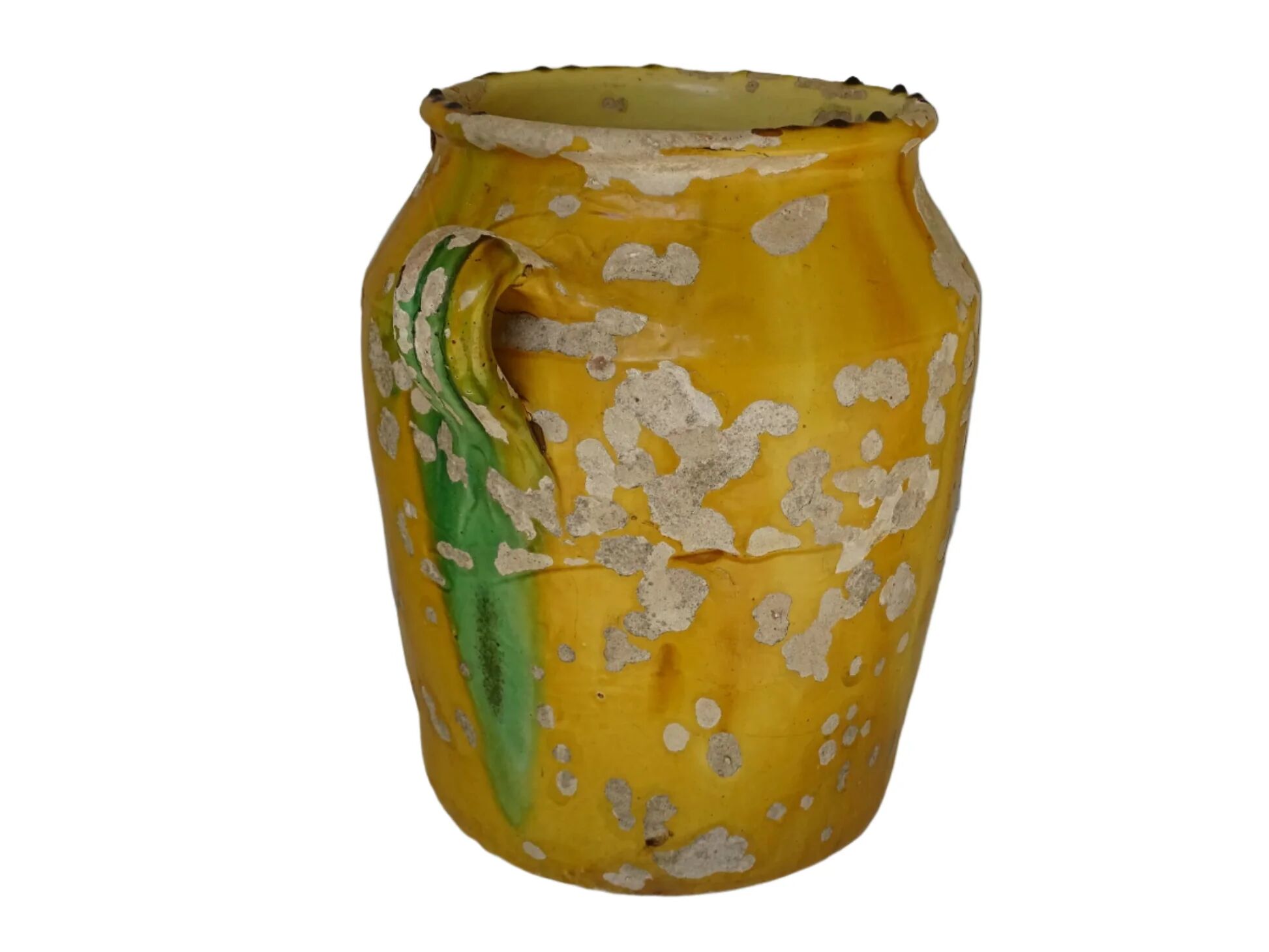 Grande vinaigrette ancienne française à glaçure jaune et verte à motif de pot à confit