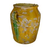 Grande vinaigrette ancienne française à glaçure jaune et verte à motif de pot à confit