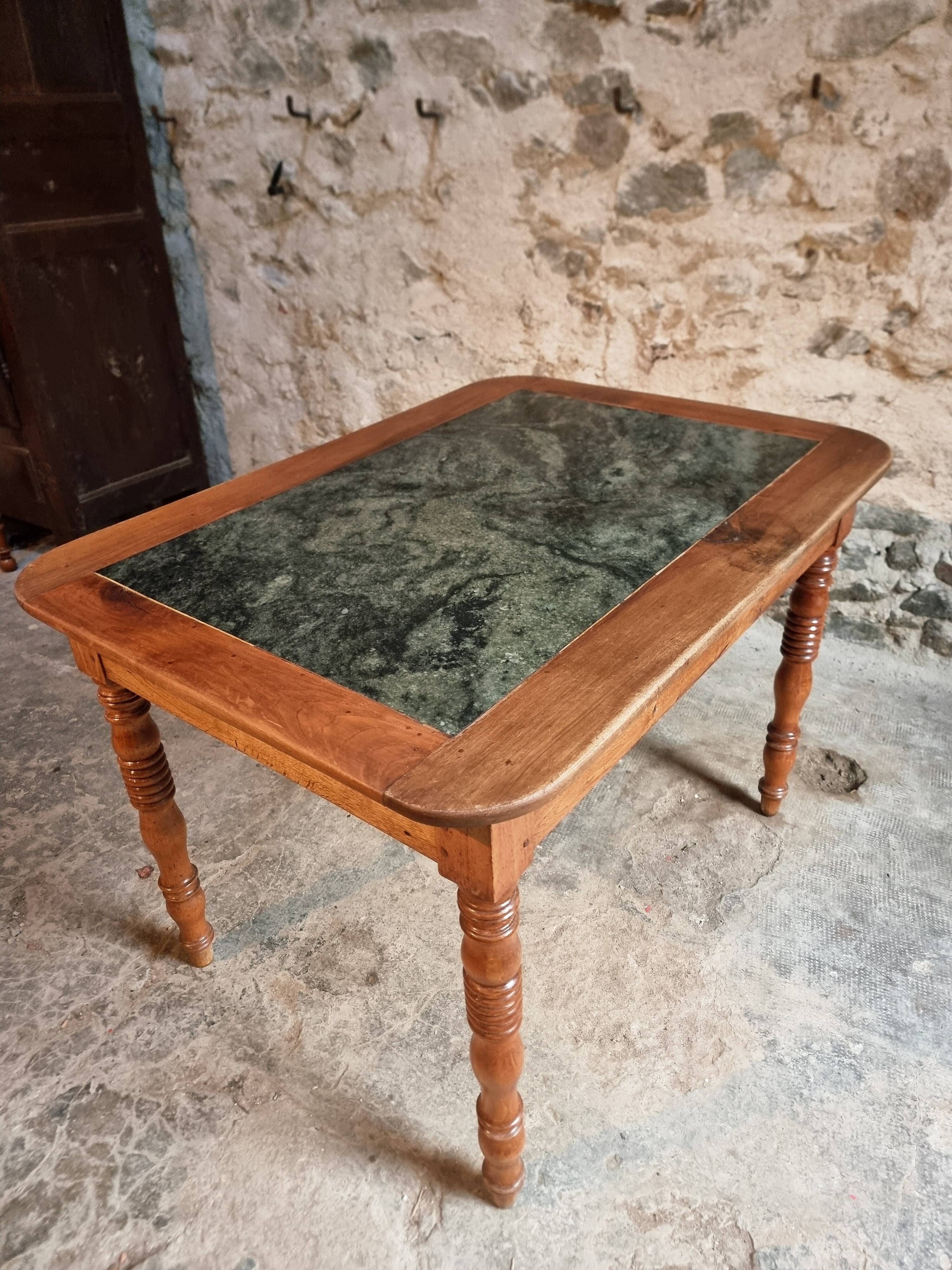 French vintage dining/desk table – oak and walnut – marble top – 1960s writing table with drawer