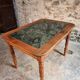 French vintage dining/desk table – oak and walnut – marble top – 1960s writing table with drawer