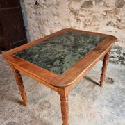 French vintage dining/desk table – oak and walnut – marble top – 1960s writing table with drawer