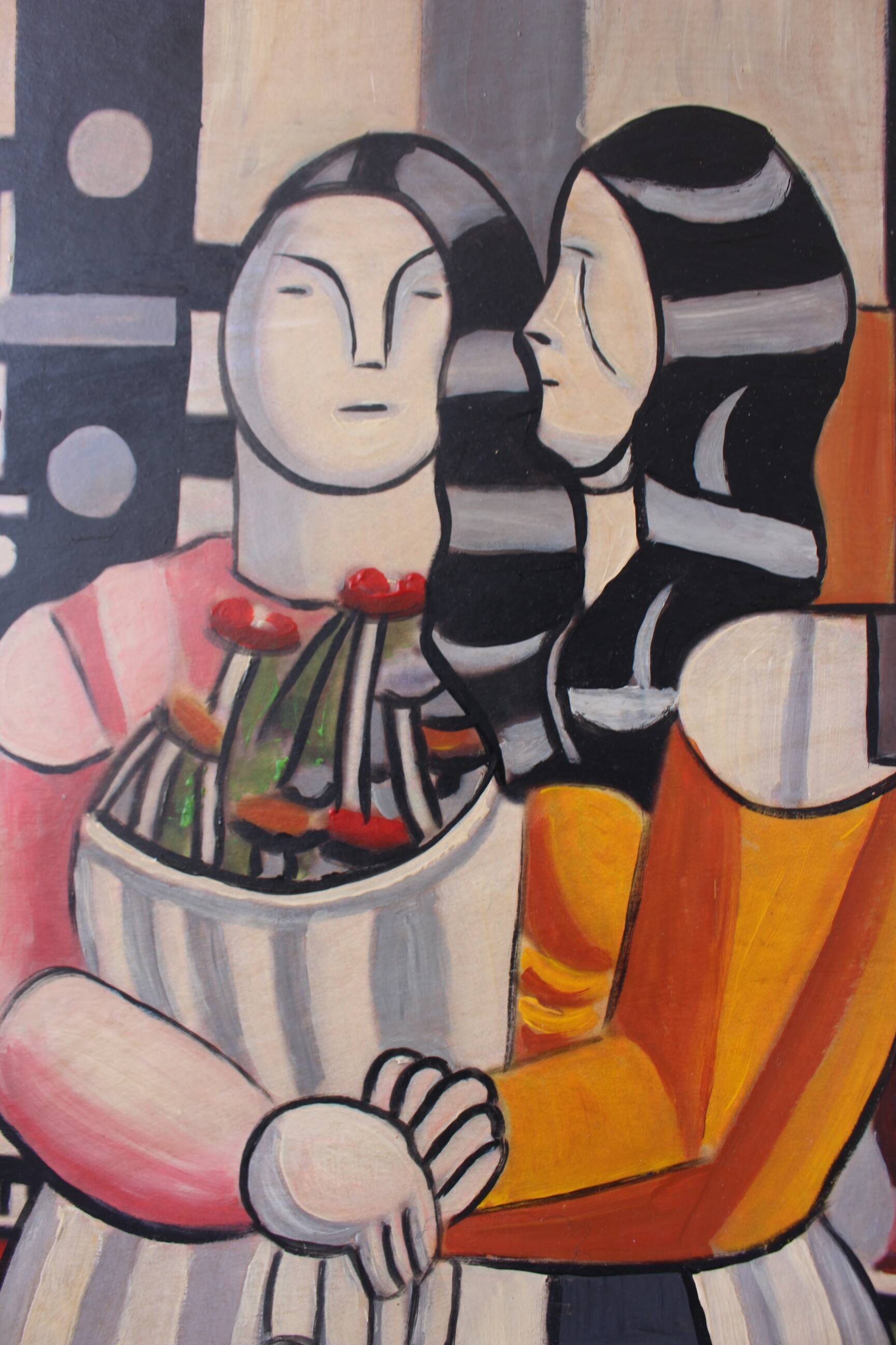 Composition moderne française, peinture à l'huile encadrée, années 1960