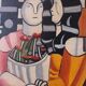 Composition moderne française, peinture à l'huile encadrée, années 1960