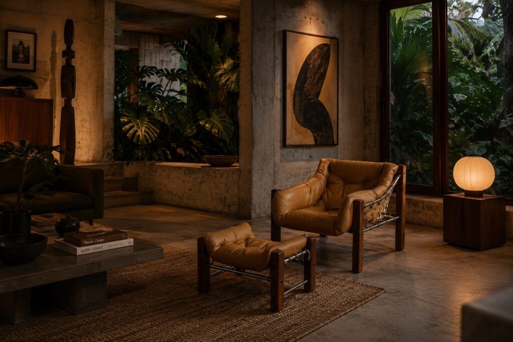 Fauteuil Amazonas avec repose-pieds en cuir cognac par Jean Gillon Brésil