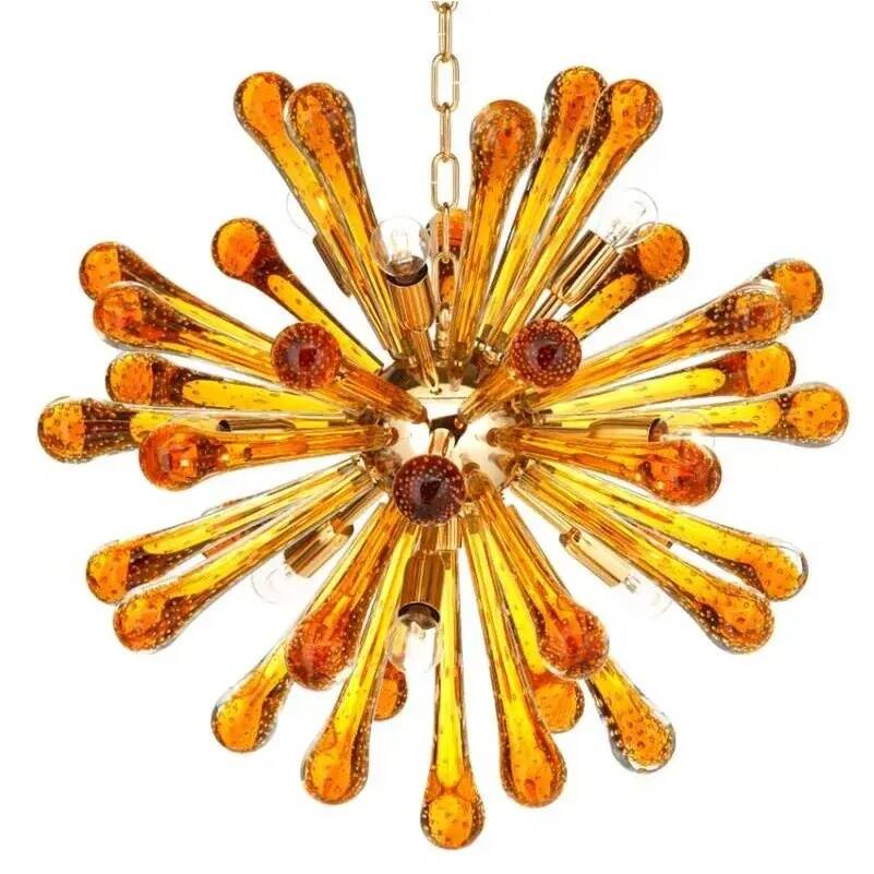 Murano Glass Sputnik Chandelier with Gold Frame and Amber Air Drops
