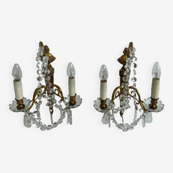 Large wall lights, pair, 2 lights, sconces, bronze, Louis XVI style, pendants, 19th century