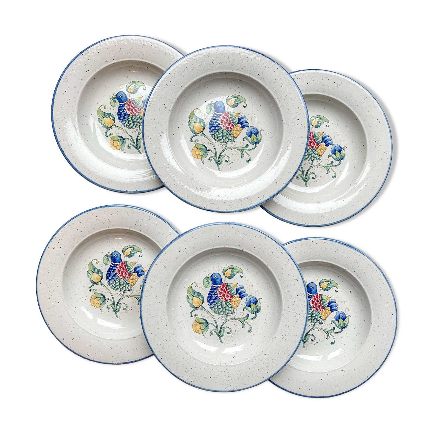 6 soup plates in speckled Italian earthenware "Tiffany" - vintage bird motif