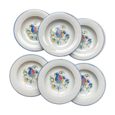 6 assiettes creuses en faïence italienne mouchetée "Tiffany" – motif oiseau vintage