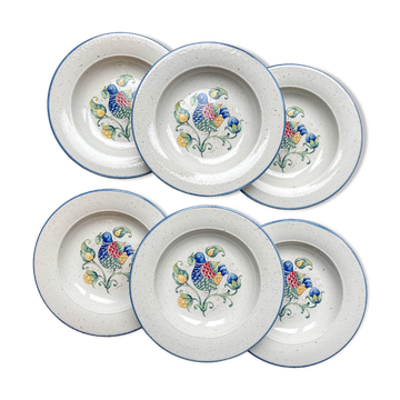 6 soup plates in speckled Italian earthenware "Tiffany" - vintage bird motif